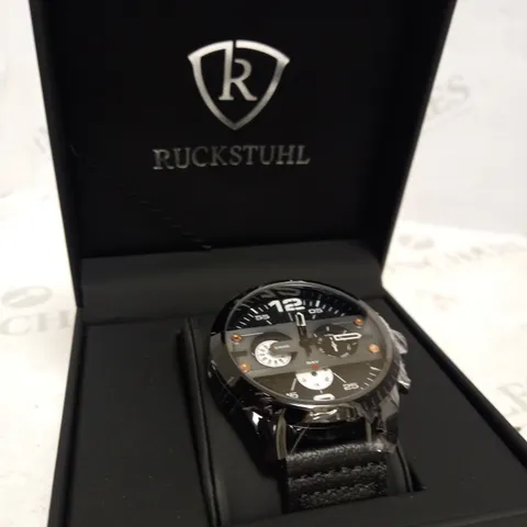 RUCKSTUHL TRIPLE DIAL BLACK LEATHER STRAP WRISTWATCH