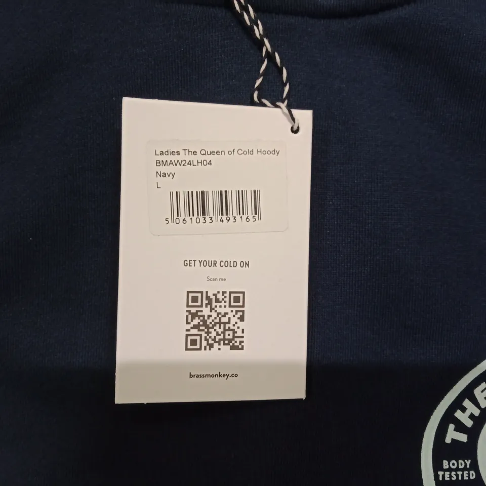 BOX OF APPROXIMATELY 11X BRAND NEW BRASS MONKEY LADIES HOODY- NAVY // SIZE: L