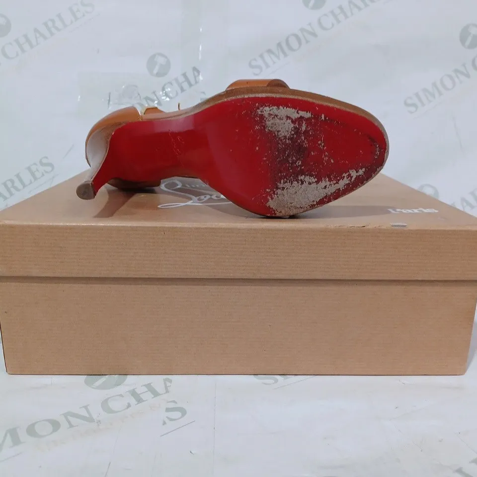 BOXED PAIR OF CHRISTIAN LOUBOUTIN OPEN TOE STILETTO HEELS IN TAN EU SIZE 37