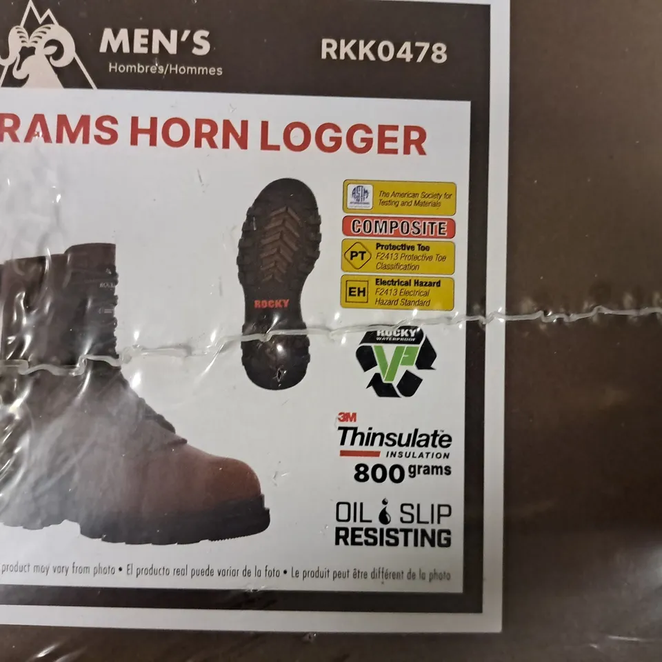 BOXED PAIR OF ROCKY MEN'S RAMS HORN LOGGER ANKLE BOOTS IN DARK BROWN UK SIZE 10.5