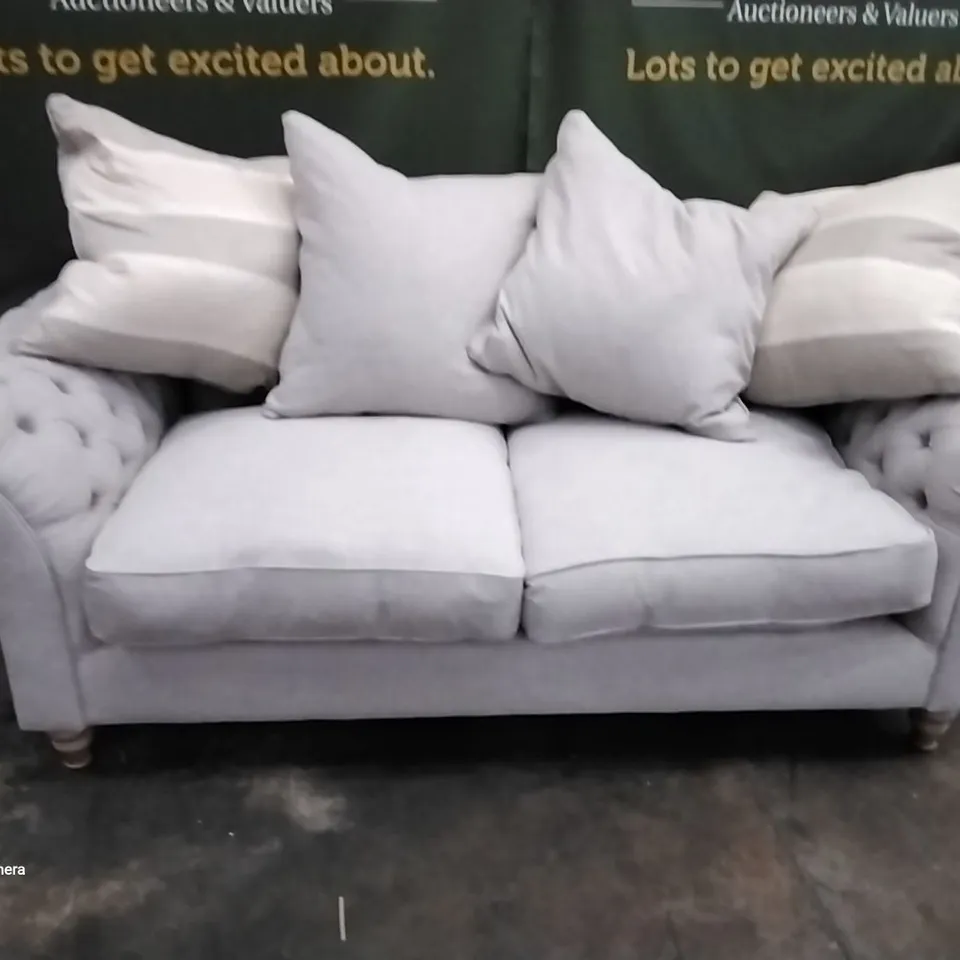 QUALITY DESIGNER KEATON 3 SEATER SOFA WITH SCATTER BACK CUSHIONS FOSSIL FABRIC