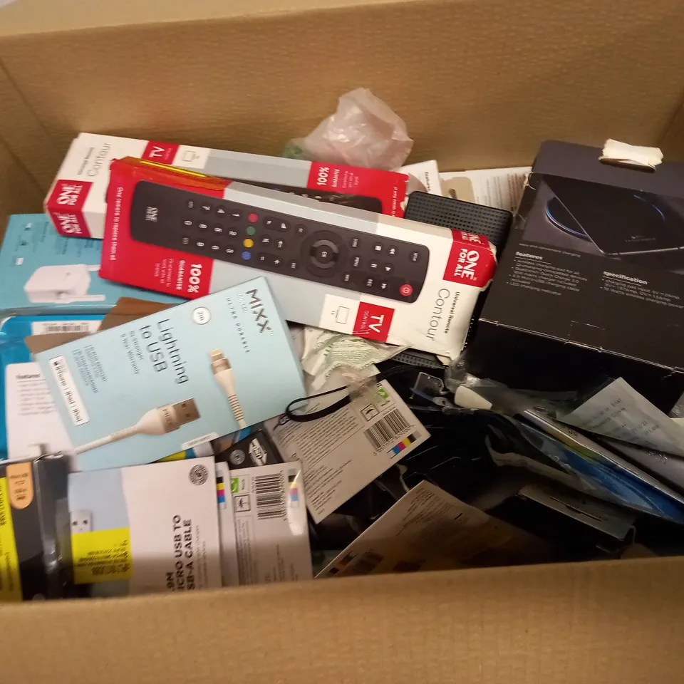 BOX OF ASSORTED ELECTRICAL ITEMS TOO INCLUDE USB'S , RADIO'S AND REMOTES  