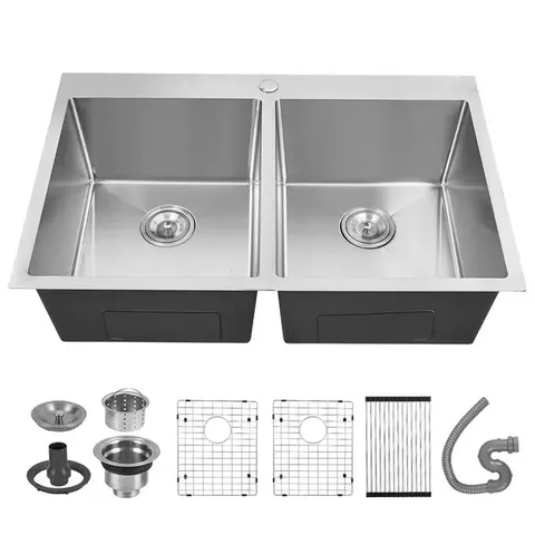 BOXED GARVEE 33 INCH DOUBLE BOWL KITCHEN SINK, 50/50 T-304 STAINLESS STEEL UNDERMOUNT WORKSTATION SINK, 33"X22"X9", SILVER