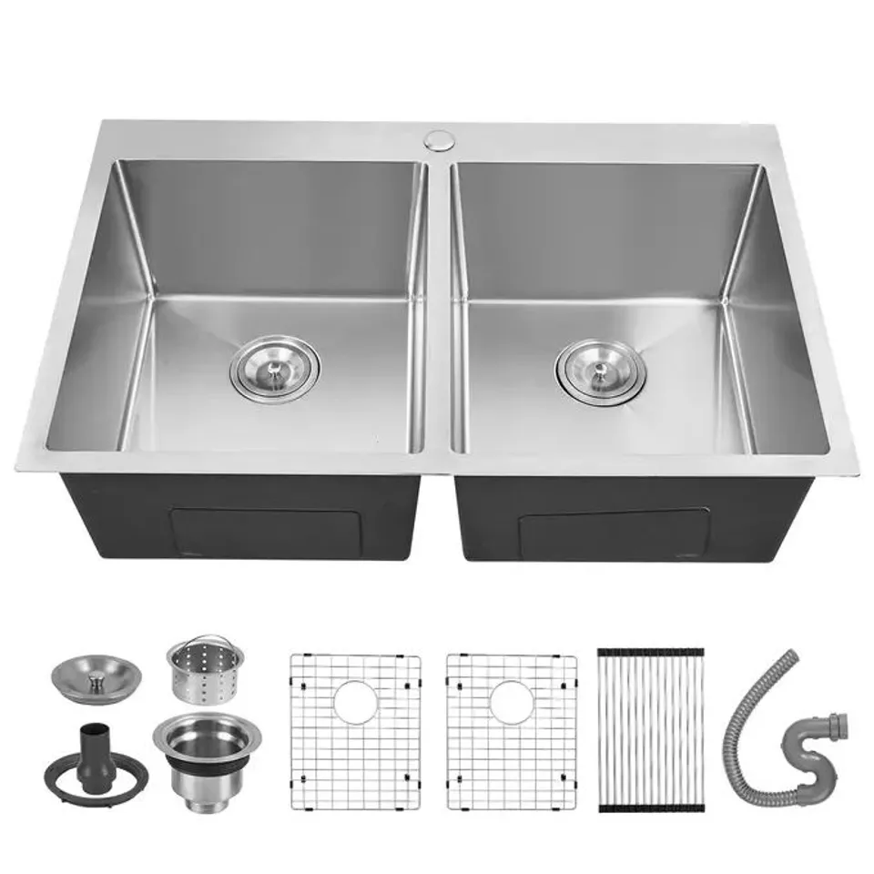 BOXED GARVEE 33 INCH DOUBLE BOWL KITCHEN SINK, 50/50 T-304 STAINLESS STEEL UNDERMOUNT WORKSTATION SINK, 33"X22"X9", SILVER