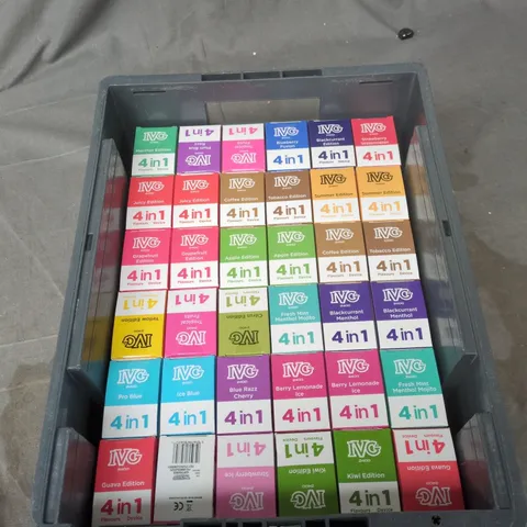 TOTE OF APPROXIMATELY 25 ASSORTED ELECTRONIC CIGARETTE ITEMS TO INCLUDE: ASSORTMENT OF FLAVOURS OF IVG 2400 4 IN ONE DEVICES  