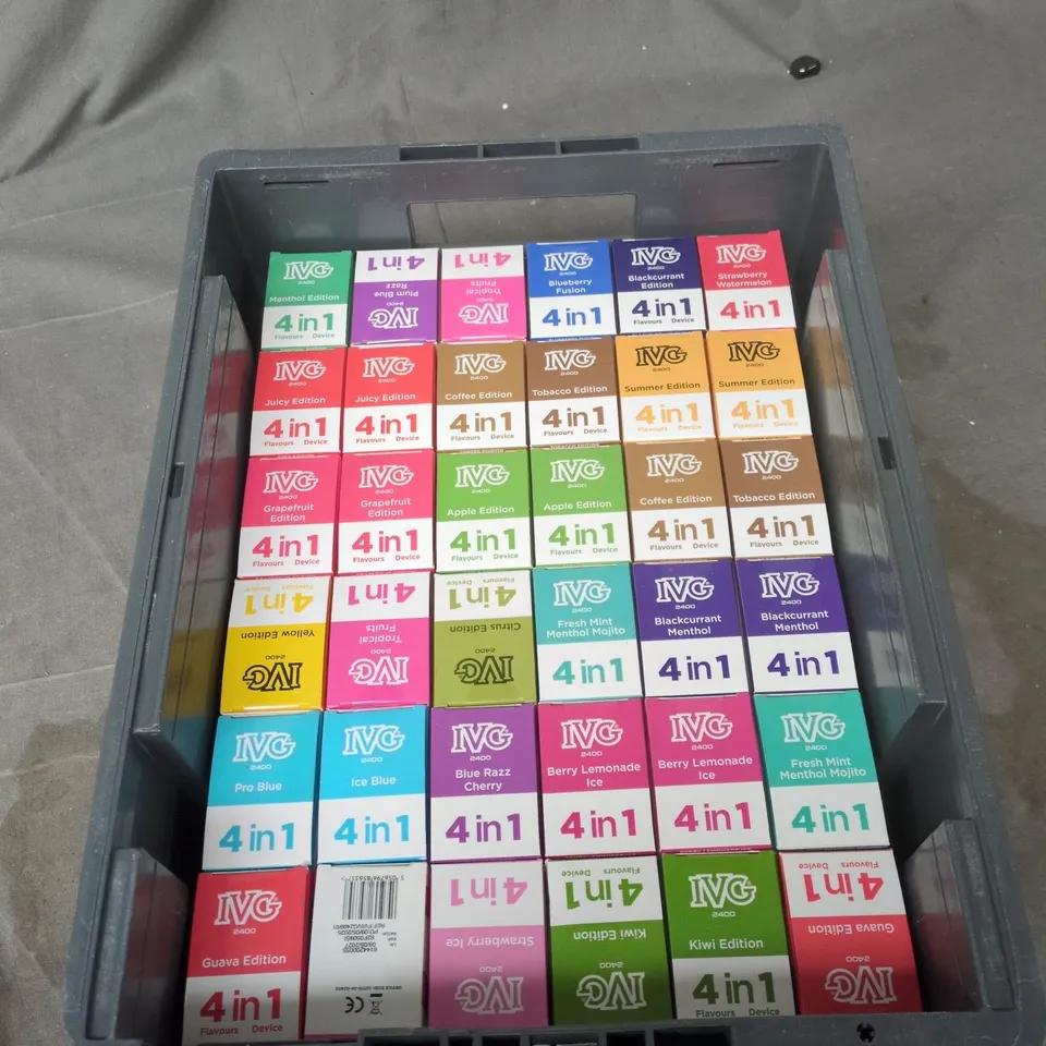 TOTE OF APPROXIMATELY 25 ASSORTED ELECTRONIC CIGARETTE ITEMS TO INCLUDE: ASSORTMENT OF FLAVOURS OF IVG 2400 4 IN ONE DEVICES  