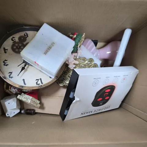 BOX OF ASSORTED HOUSEHOLD ITEMS TO INCLUDE CLOCK, CHRISTMAS DECORATIONS AND LED FACE MASK