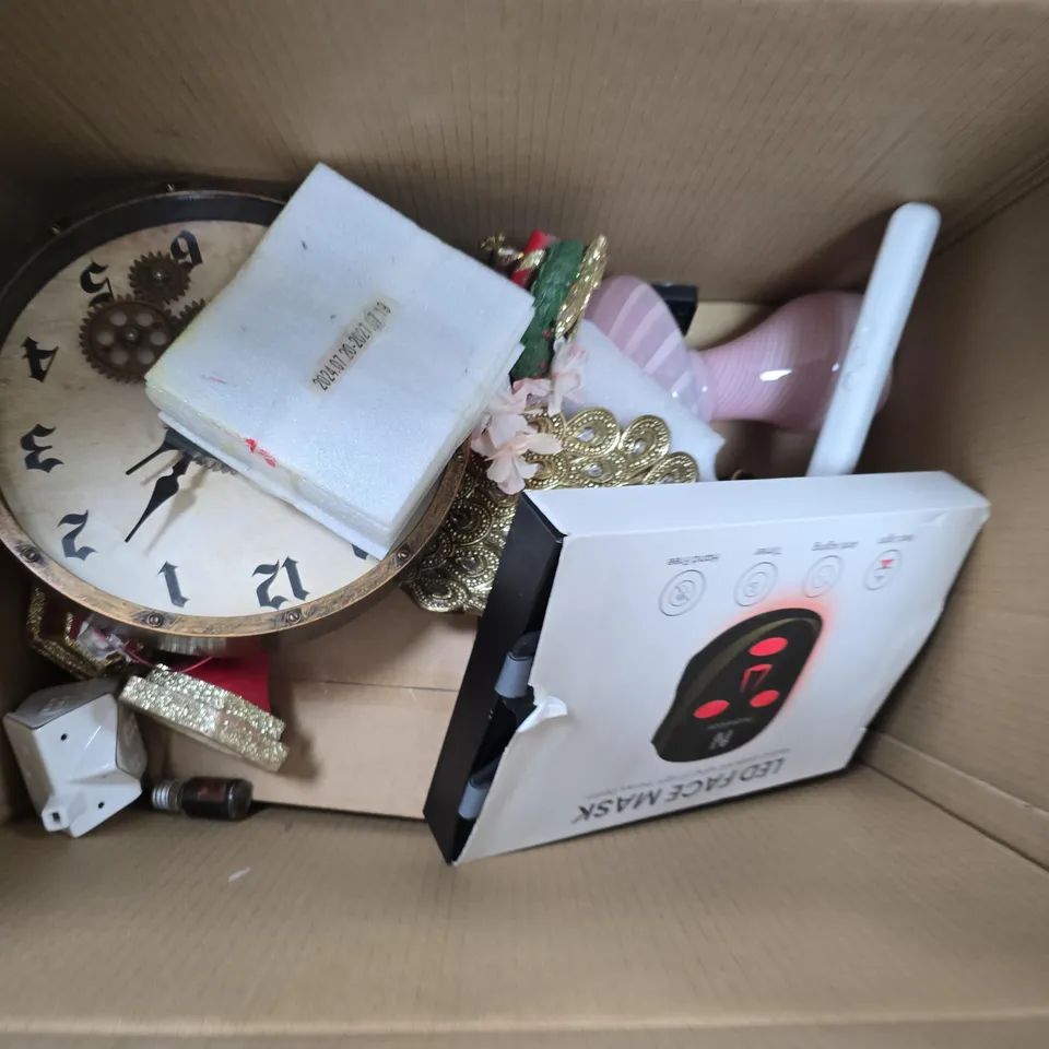 BOX OF ASSORTED HOUSEHOLD ITEMS TO INCLUDE CLOCK, CHRISTMAS DECORATIONS AND LED FACE MASK