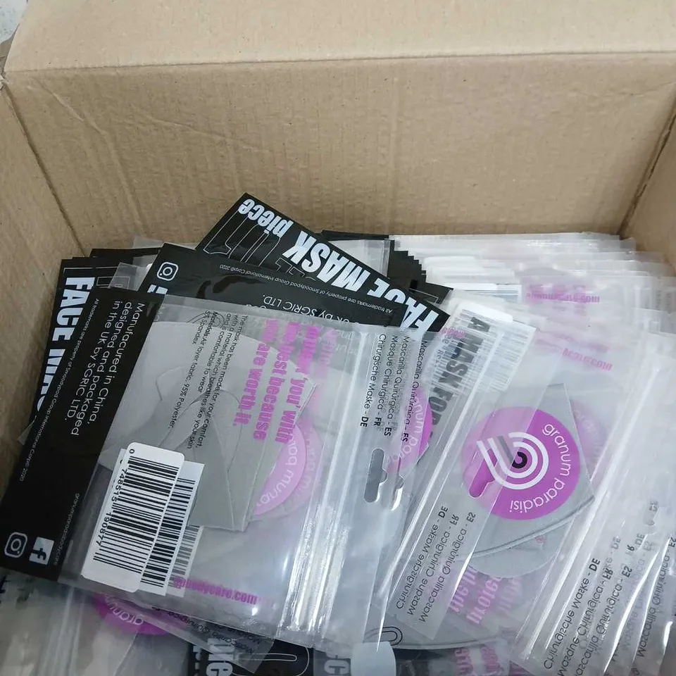 BOX OF APPROXIMATELY 170 REUSABLE FACE MASKS - GREY