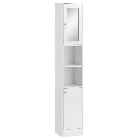BOXED KLEANKIN TALL BATHROOM STORAGE CABINET WITH MIRROR, FREESTANDING FLOOR CABINET TALLBOY UNIT WITH ADJUSTABLE SHELVES, WHITE