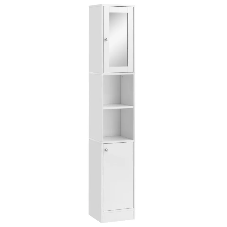 BOXED KLEANKIN TALL BATHROOM STORAGE CABINET WITH MIRROR, FREESTANDING FLOOR CABINET TALLBOY UNIT WITH ADJUSTABLE SHELVES, WHITE