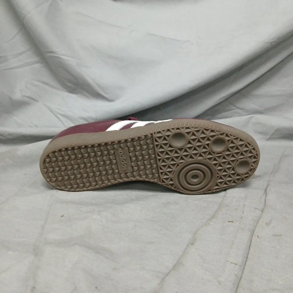 UNBOXED PAIR OF ADIDAS SAMBA BURGUNDY SUEDE TRAINERS – WHITE STRIPES - SIZE 5.5