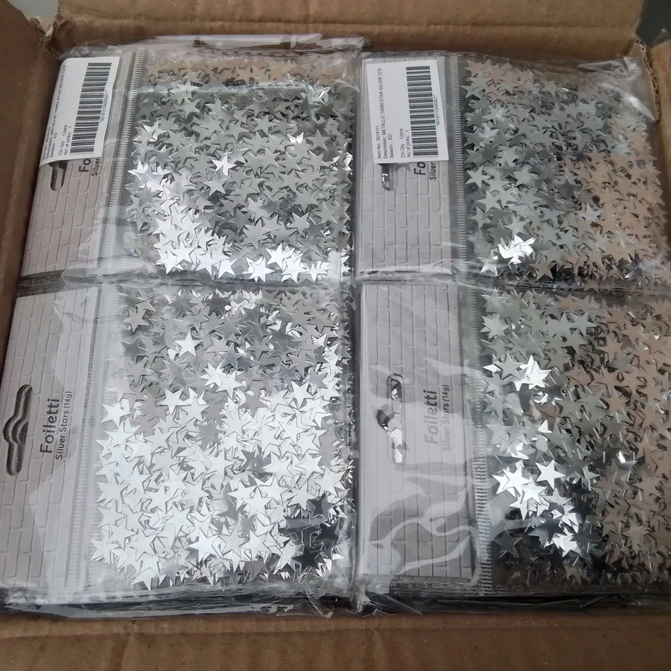 LOT OF 14 BOXES OF BRAND NEW METALLIC 10MM SILVER STAR CONFETTI - 144 PIECES PER BOX / TOTAL 2016