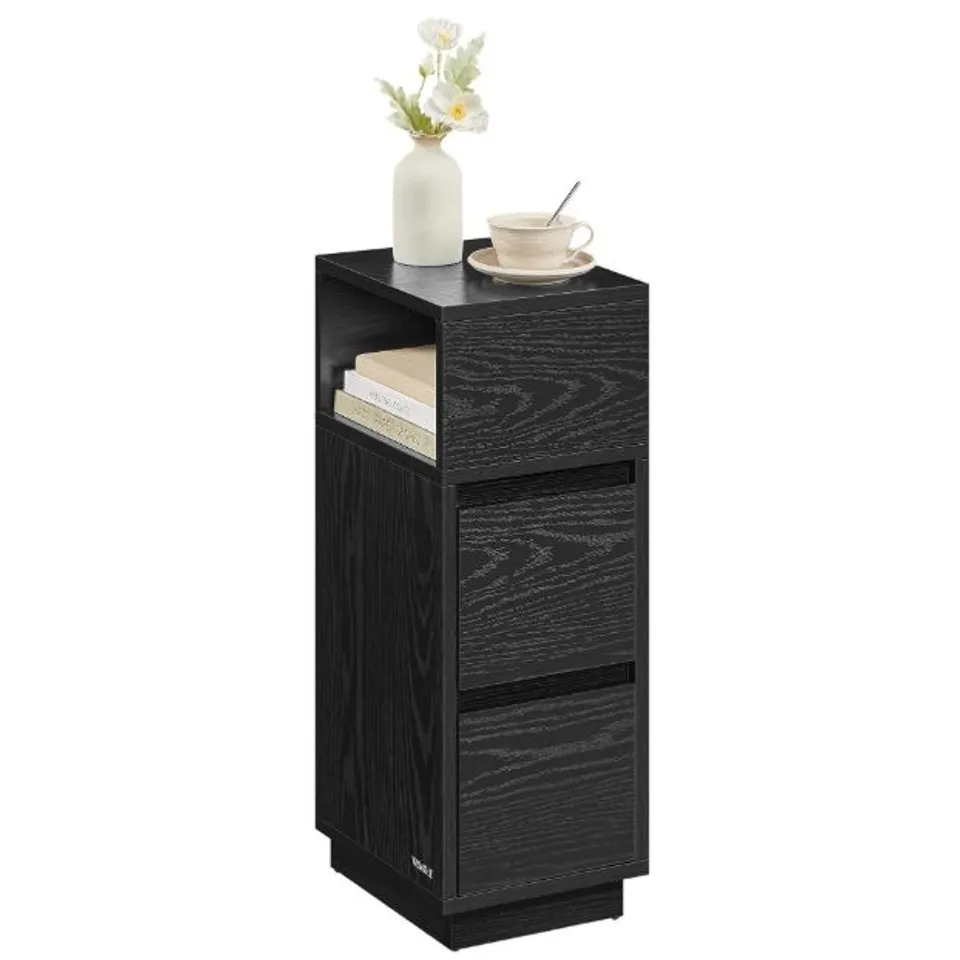 BOXED VASAGLE KAILYN COLLECTION - SLIM BEDSIDE TABLE, SMALL NARROW SIDE END TABLE WITH DRAWERS, FLEXIBLE OPEN COMPARTMENT, EBONY BLACK