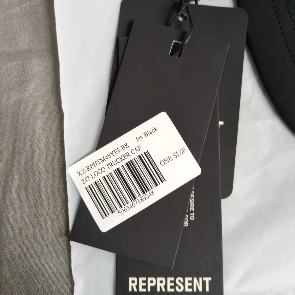REPRESENT 47 LOGO TRUCKER CAP - JET BLACK, ONE SIZE 