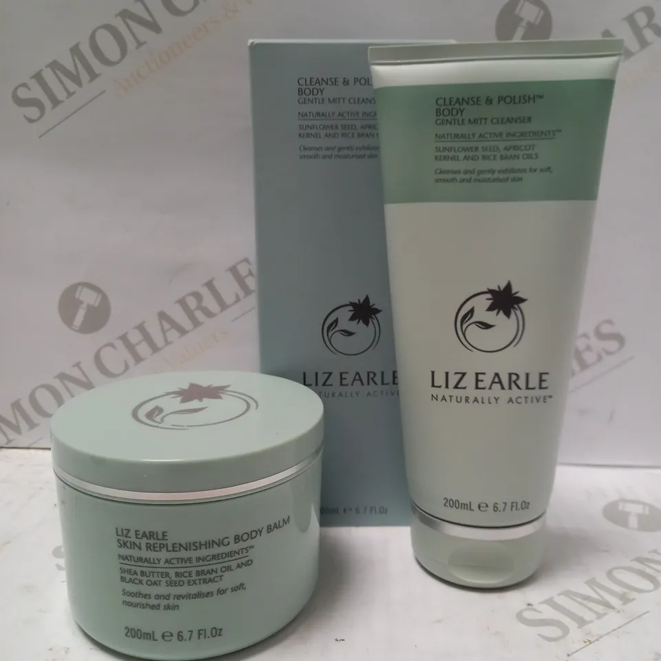 LOT OF 2 LIZ EARLE PRODUCTS TO INCLUDE CLEANSE AND POLISH BODY GENTLE MITT CLEANSER 200ML & SKIN REPLENISHING BODY BALM 200ML 