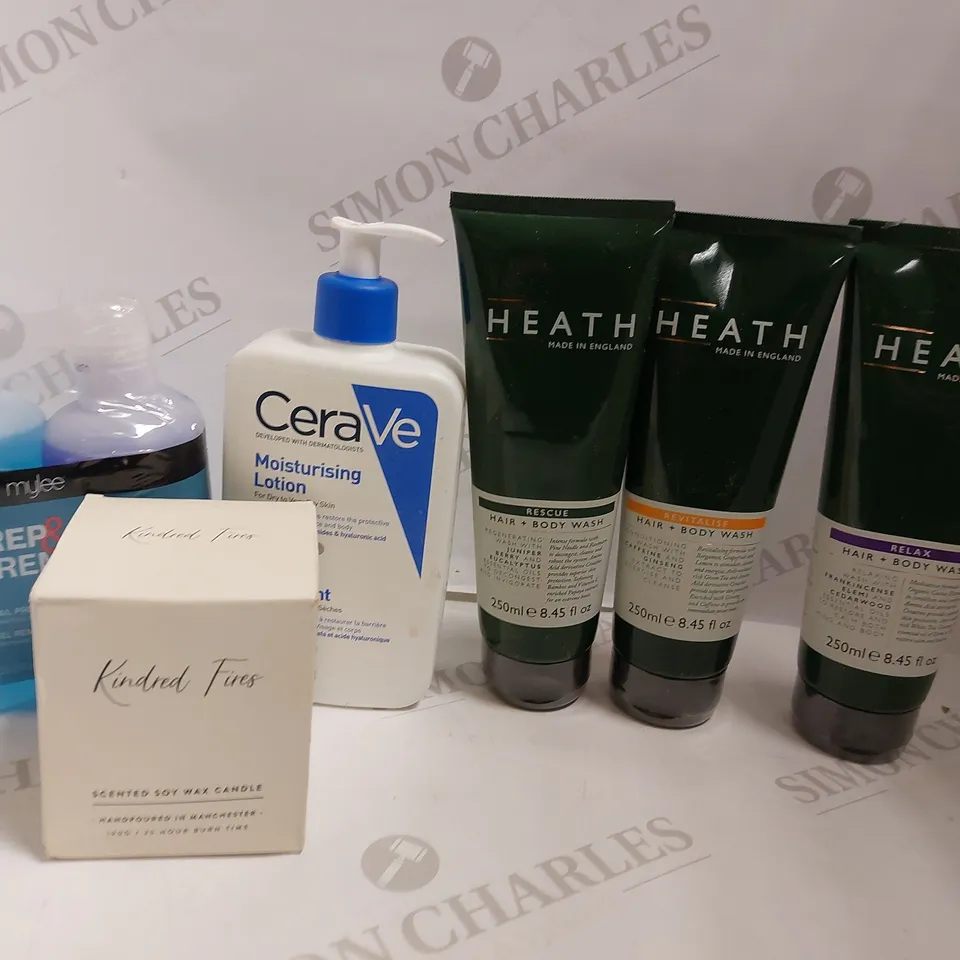 BOX OF APPROX 15 COSMETIC ITEMS TO INCLUDE HEATH HAIR + BODY WASH, CERAVE LOTION, MYLEE PREP AND REMOVE DUO GEL REMOVER