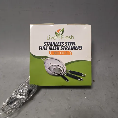 BOX OF APPROXIMATELY 12 LIVE FRESH STAINLESS STEEL FINE MESH STRAINERS 