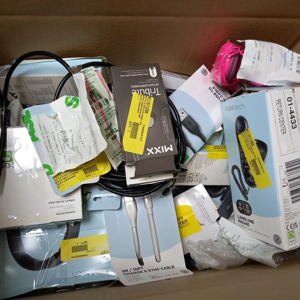 BOX OF APROXIMATELY 15 ASSORTED ITEMS TO  INCLUDE - BLUETOOTH NECKBAND - KIDS HEADPHONES - ONE FOR ALL CONTOUR ECT