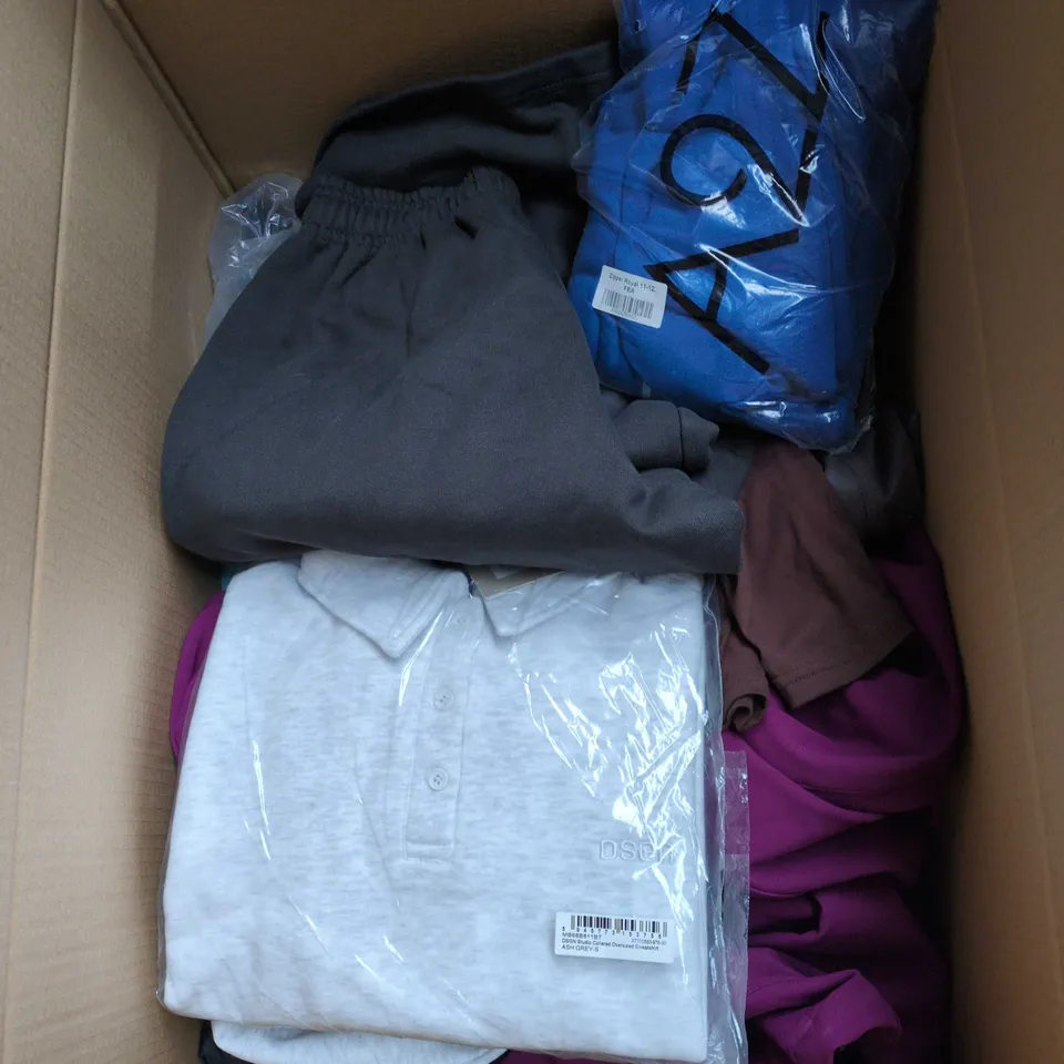 BOX OF APPROXIMATELY 20 ASSORTED CLOTHING ITEMS INCLUDING KNITTED BLUE/WHITE TANK TOP, GREY JUMPER, DARK GREY JOGGING BOTTOMS AND BLUE ZIP TOP