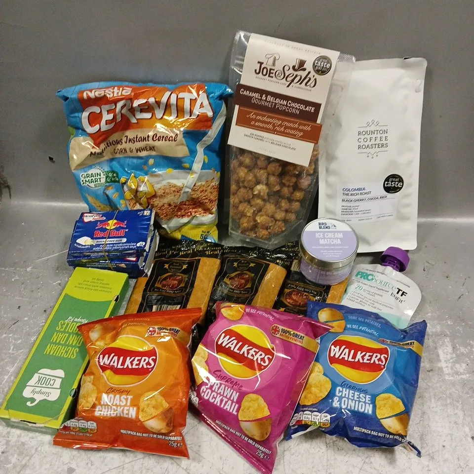 APPROXIMATELY 12 ASSORTED FOOD & DRINK ITEMS TO INCLUDE - BIRD & BLEND ICE CREAM MATCHA - ROUNTON COLOMBIA COFFEE BEANS - REDBULL SUGAR FREE GUM - ETC