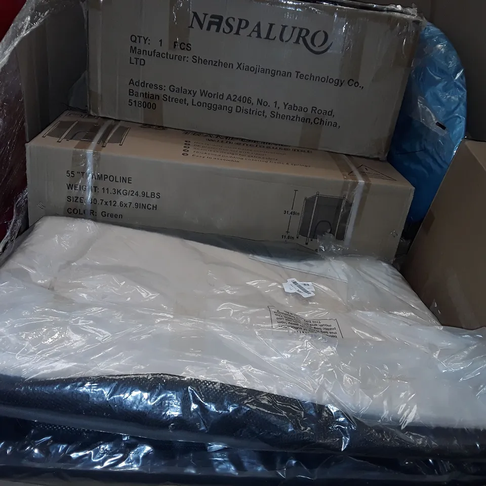 PALLET OF ASSORTED HOUSEHOLD ITEMS TO INCLUDE PORTABLE PET PENS, 55" TRAMPOLINES AND CAMPING TENT