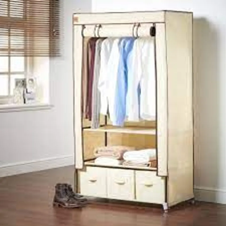 BOXED 88CM WIDE POTABLE CANVAS WARDROBE WITH DRAWERS