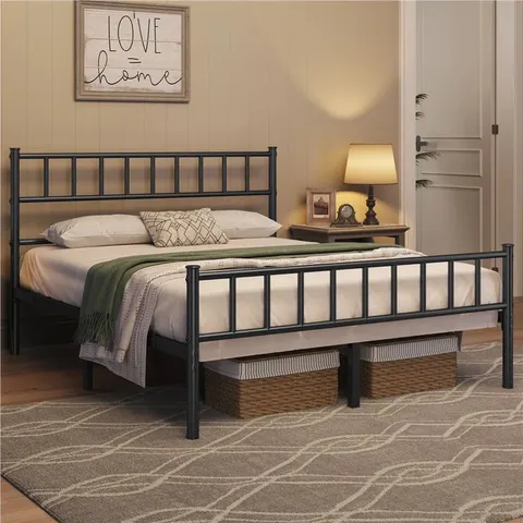 BOXED MINIMALIST METAL BED FRAME WITH SLATTED HEADBOARD