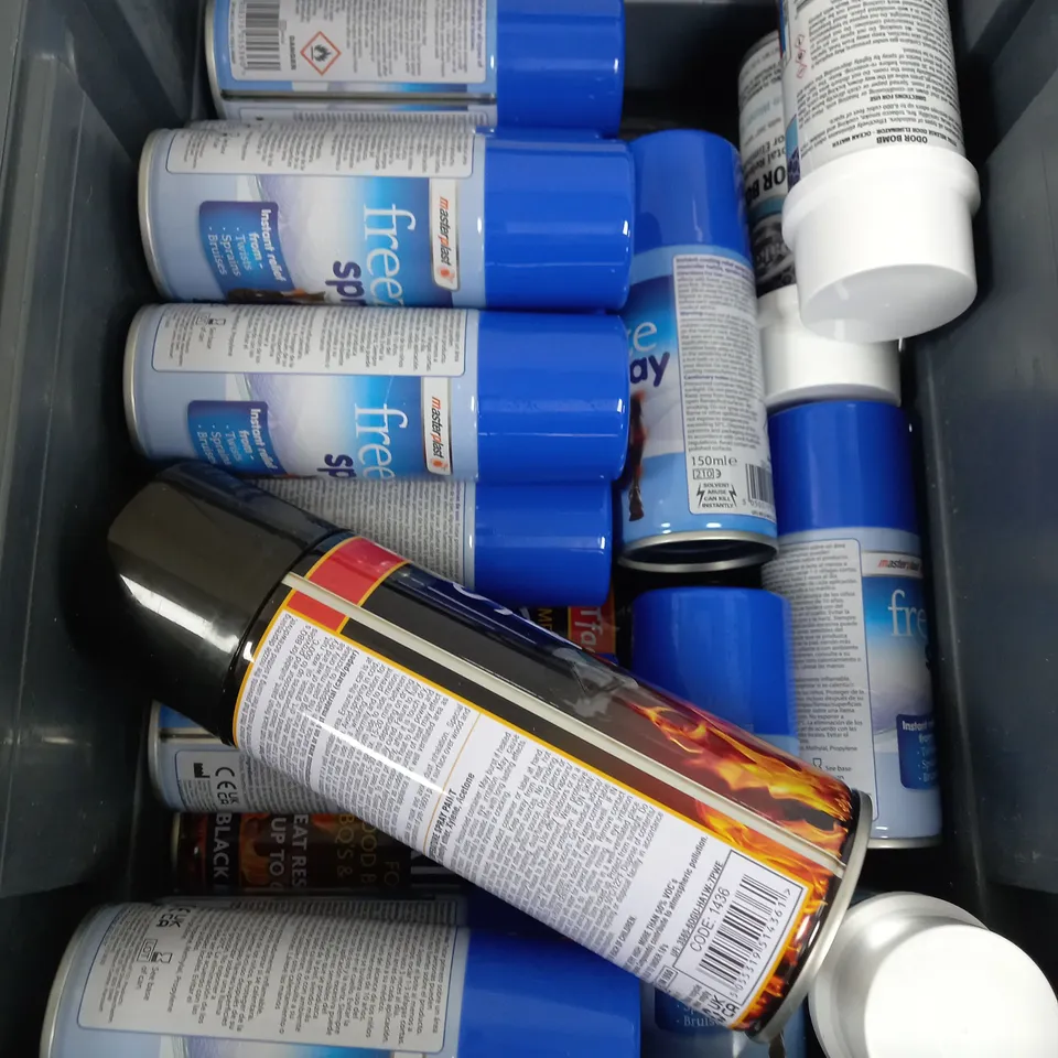 BOX OF APPROX 15 ASSORTED LIQUIDS TO INCLUDE - STOVE PAINT, ODOR BOMB, FREEZE SPRAY ETC