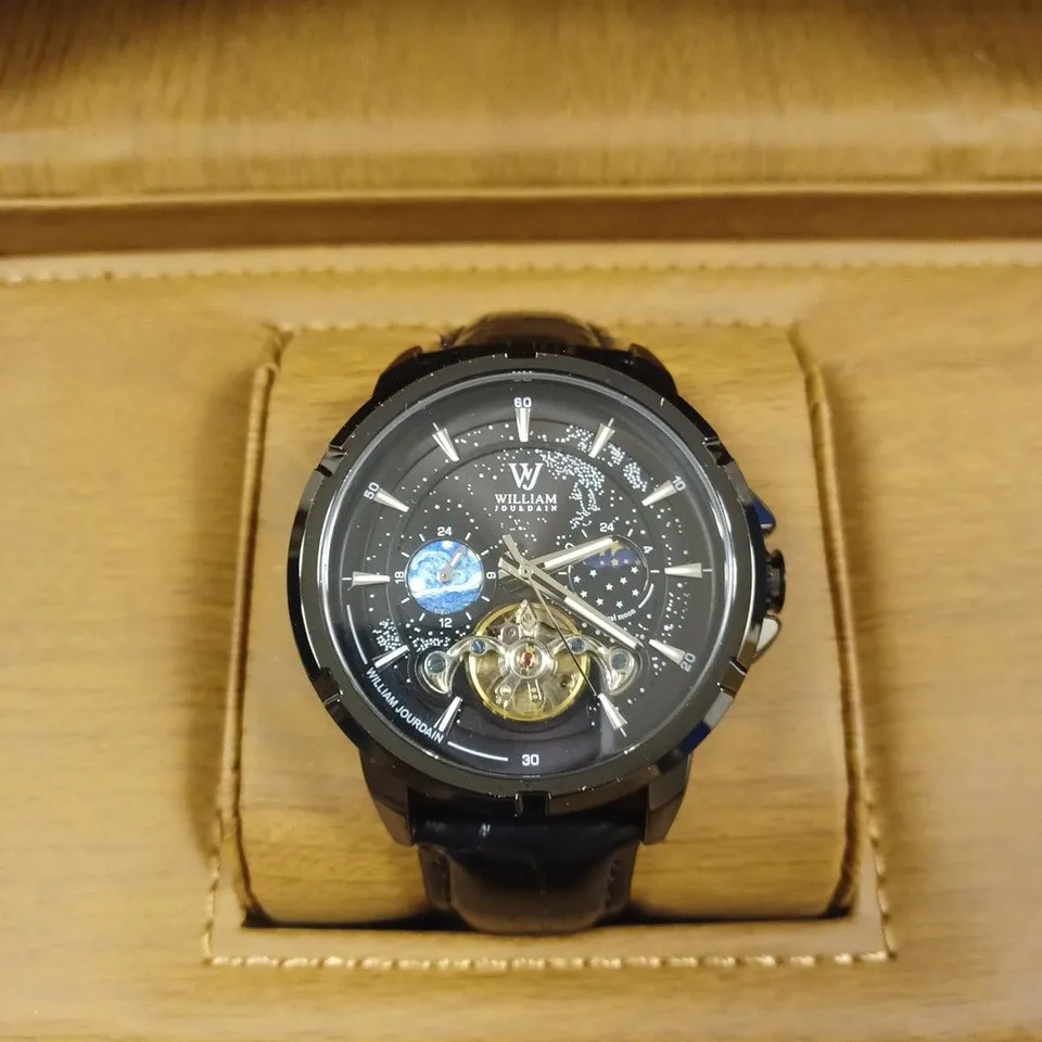 WILLIAM JOURDAIN PART SKELETON AUTOMATIC BLACK LEATHER STRAP WRISTWATCH