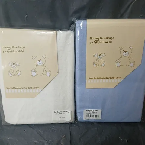 APPROXIMATELY 25 HARWOODS FLAT COT SHEETS IN BLUE & WHITE