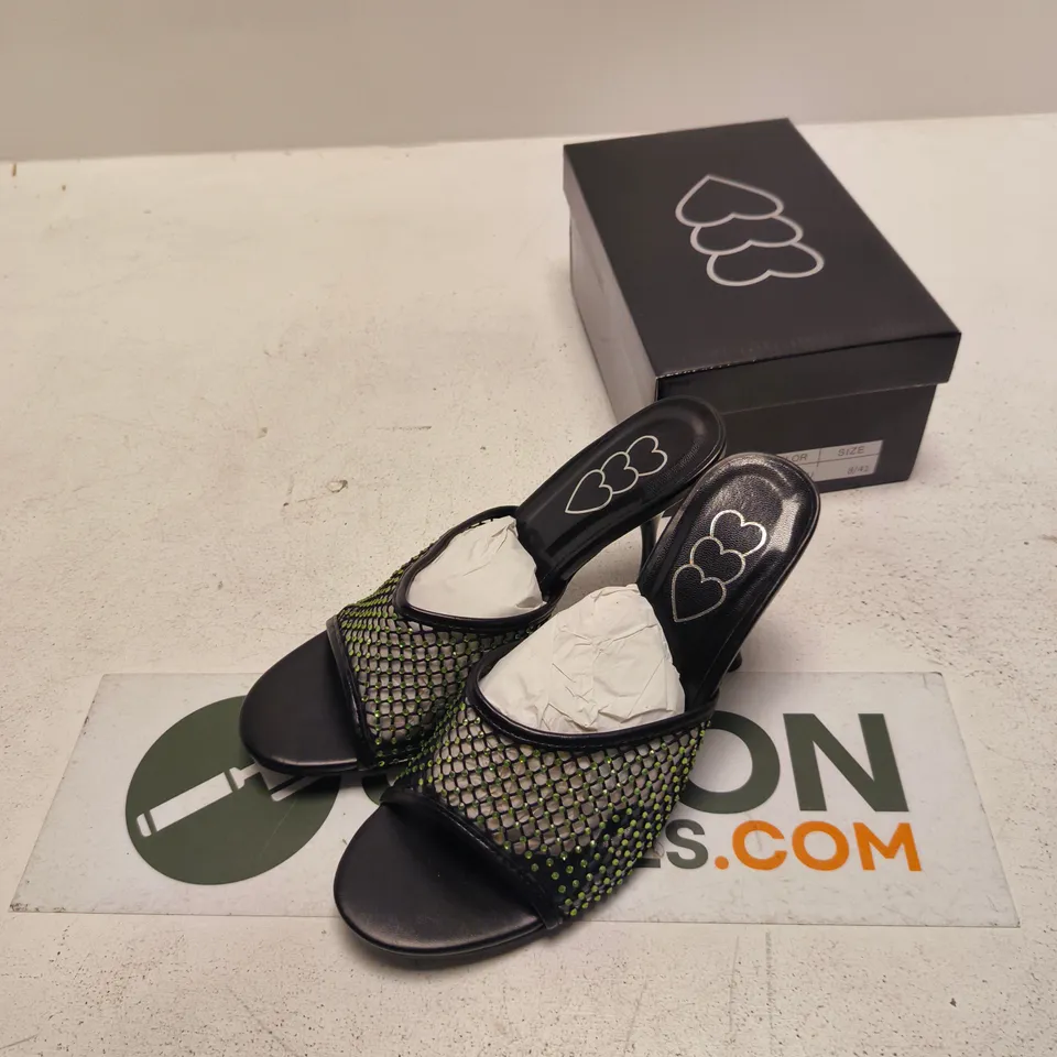 WOMEN'S BLACK PU MESH SANDALS WITH HEART LOGO – UK 6 (US 8 / EU 41) STYLE DV5