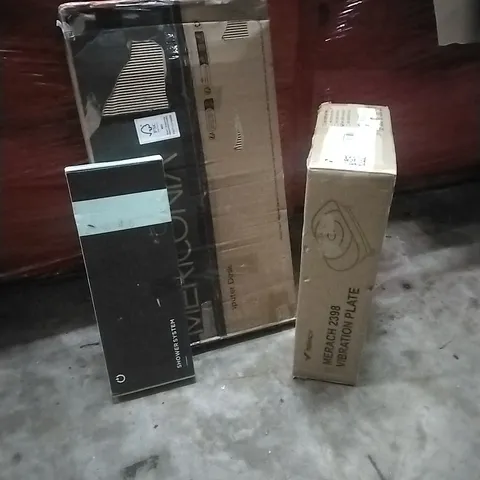 PALLET OF HOUSEHOLD ITEMS TO INCLUDE SHOWER SYSTEM, COMPUTER DESK, VIBRATION PLATE SLIMLINE HEATER AND OTHER ASSORTED ITEMS...