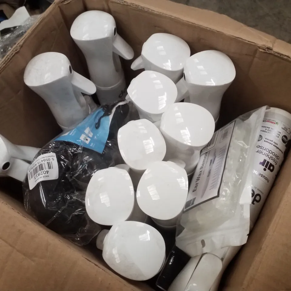 BOX CONTAINING ASSORTED PRODUCTS INCLUDING DEW AIR FRESHENER & DEODORISER, DEW TOY & SURFACE CLEANER, EAR WAX REMOVER, 50W HALOGEN BULBS & DOG LEAD