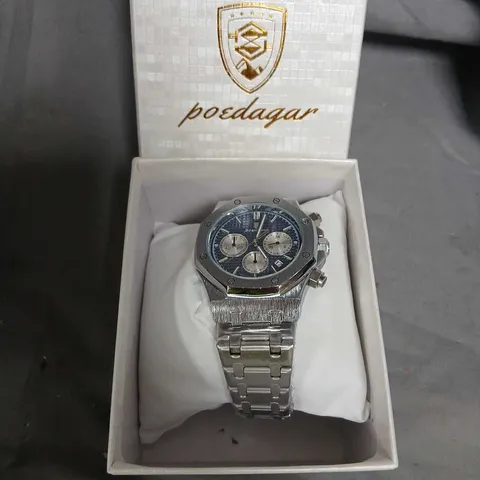POEDAGAR STAINLESS STEEL CHRONOGRAPH WRISTWATCH – BLUE DIAL, BOXED