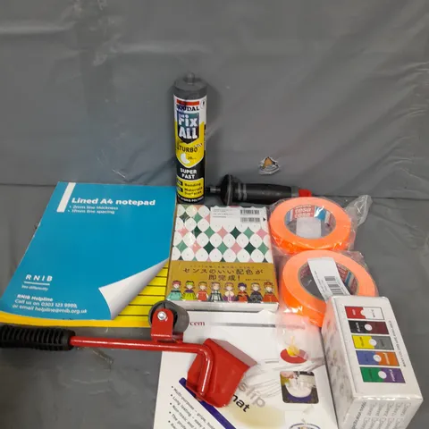 BOX OF ASSORTED HOUSEHOLD ITEMS TO INCLUDE A4 NOTEPAD, TAPE AND WHITE CARD