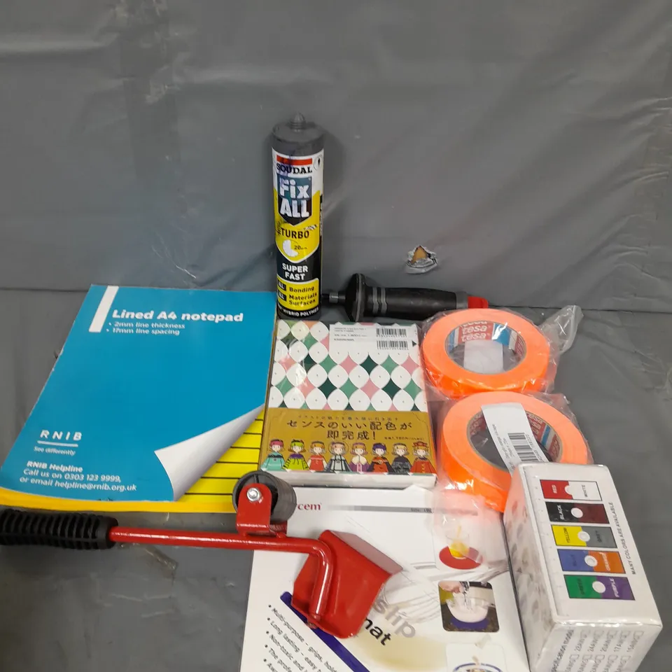 BOX OF ASSORTED HOUSEHOLD ITEMS TO INCLUDE A4 NOTEPAD, TAPE AND WHITE CARD