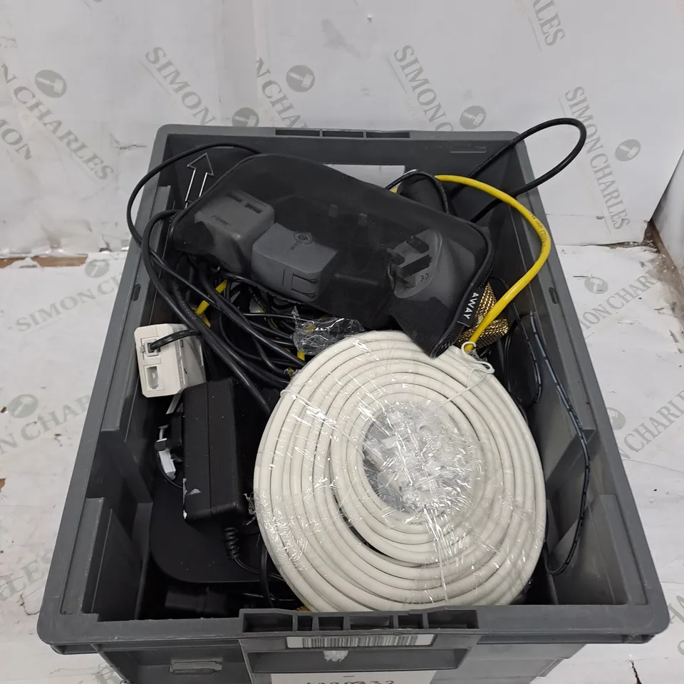 TOTE OF ASSORTED ELECTRICAL ITEMS TOO INCLUDE WIRES , PLUGS , TV BOXES , ETC 