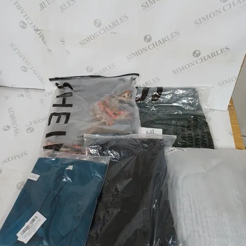 LARGE BOX OF ASSORTED CLOTHING ITEMS IN VARIOUS COLOURS AND SIZES INCLUDING TROUSERS , TOPS AND JUMPERS