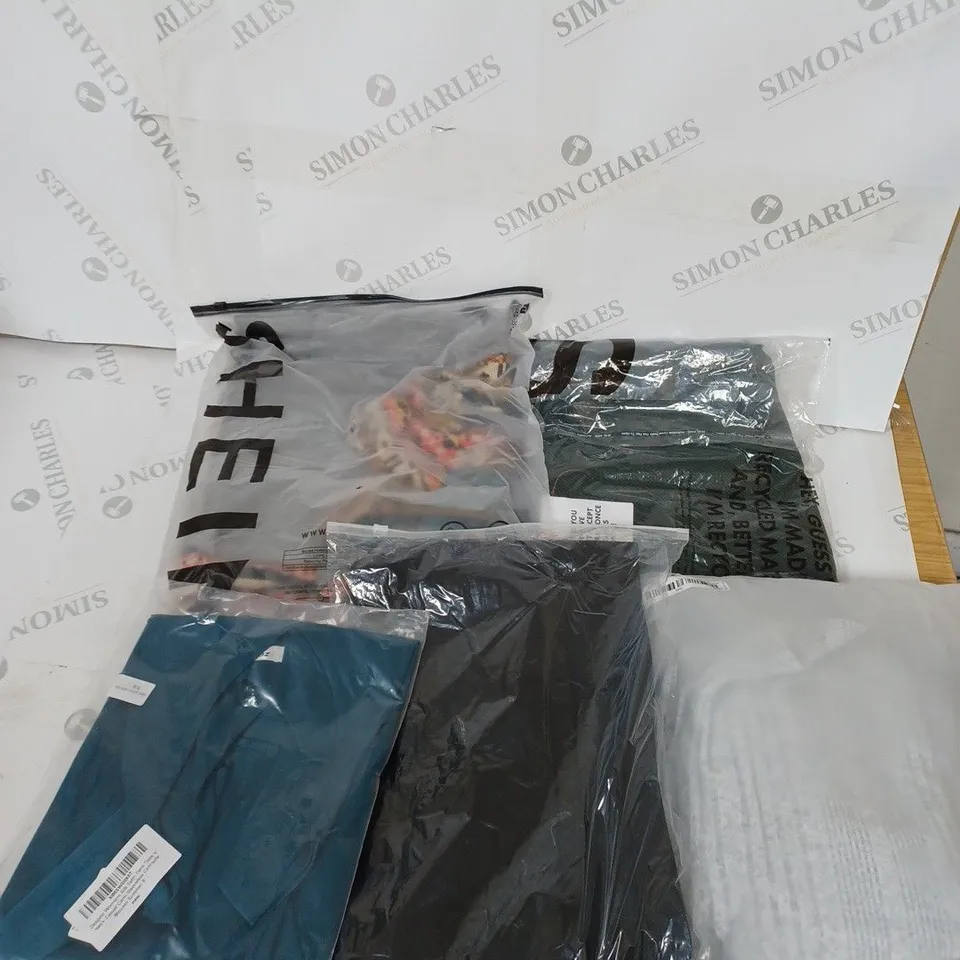LARGE BOX OF ASSORTED CLOTHING ITEMS IN VARIOUS COLOURS AND SIZES INCLUDING TROUSERS , TOPS AND JUMPERS 