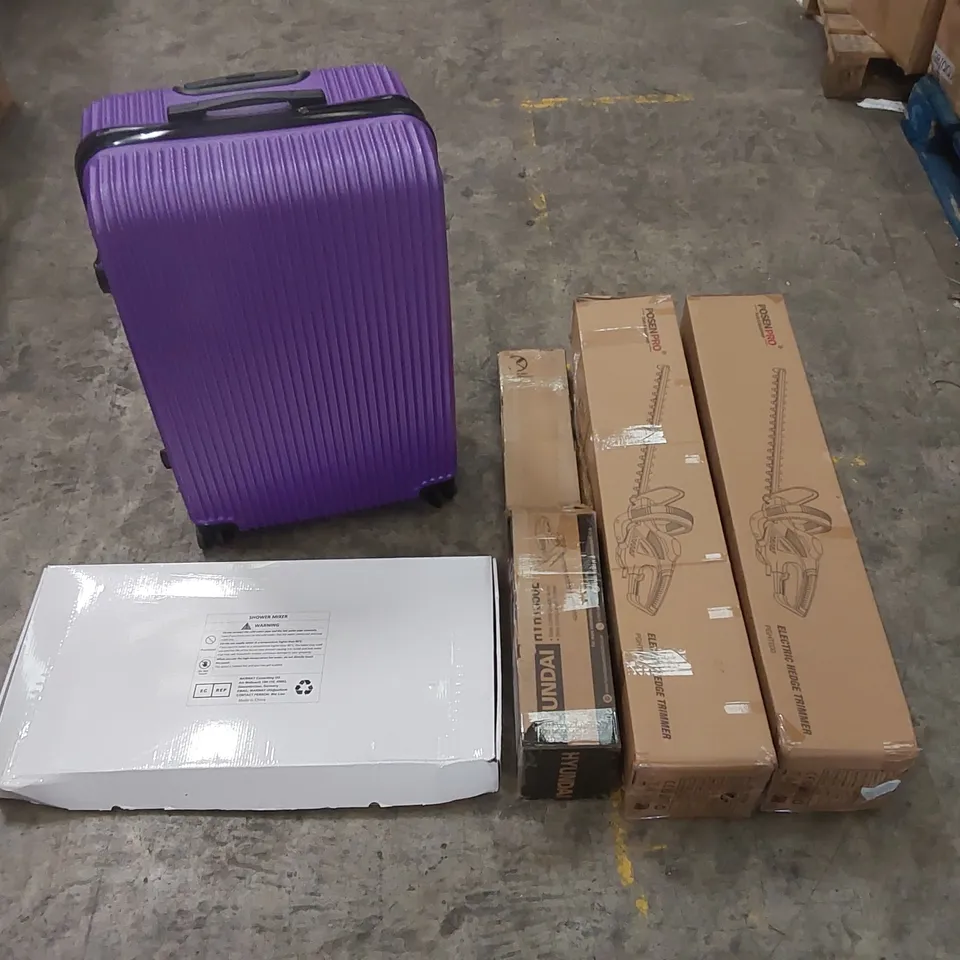 PALLET OF ASSORTED ITEMS INCLUDING: ELECTRIC HEDGE TRIMMER, SUITCASES, SHOWER MIXER ECT  