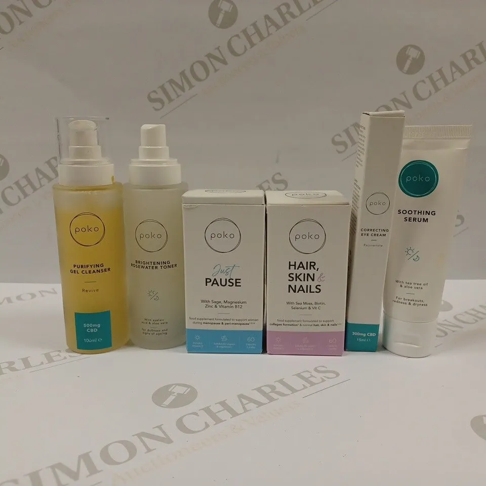 LOT OF 6 POKO BEAUTY PRODUCTS TO INCLUDE GEL CLEANSER, ROSEWATER TONER, EYE CREAM ETC. 
