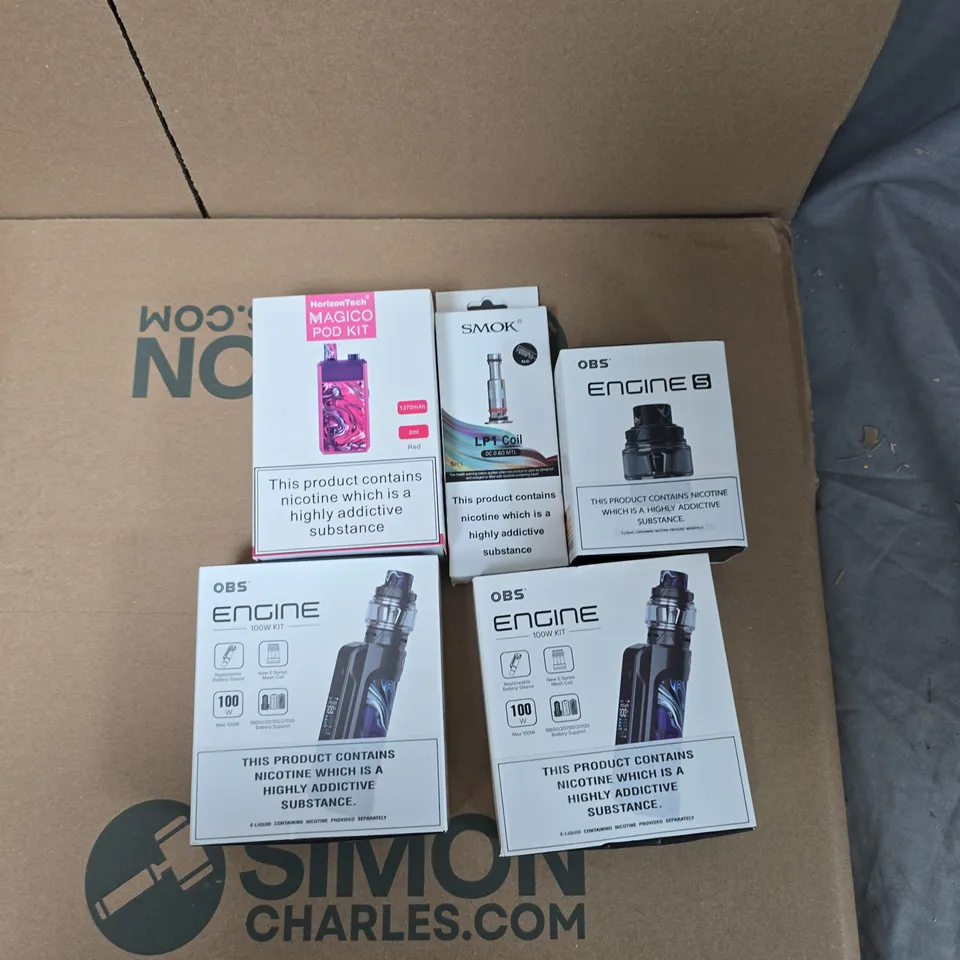 BOX OF APPROXIMATELY 30 ASSORTED E-CIGARETTES AND ACCOMPANIMENTS TO INCLUDE: OBS ENGINE 100W KIT