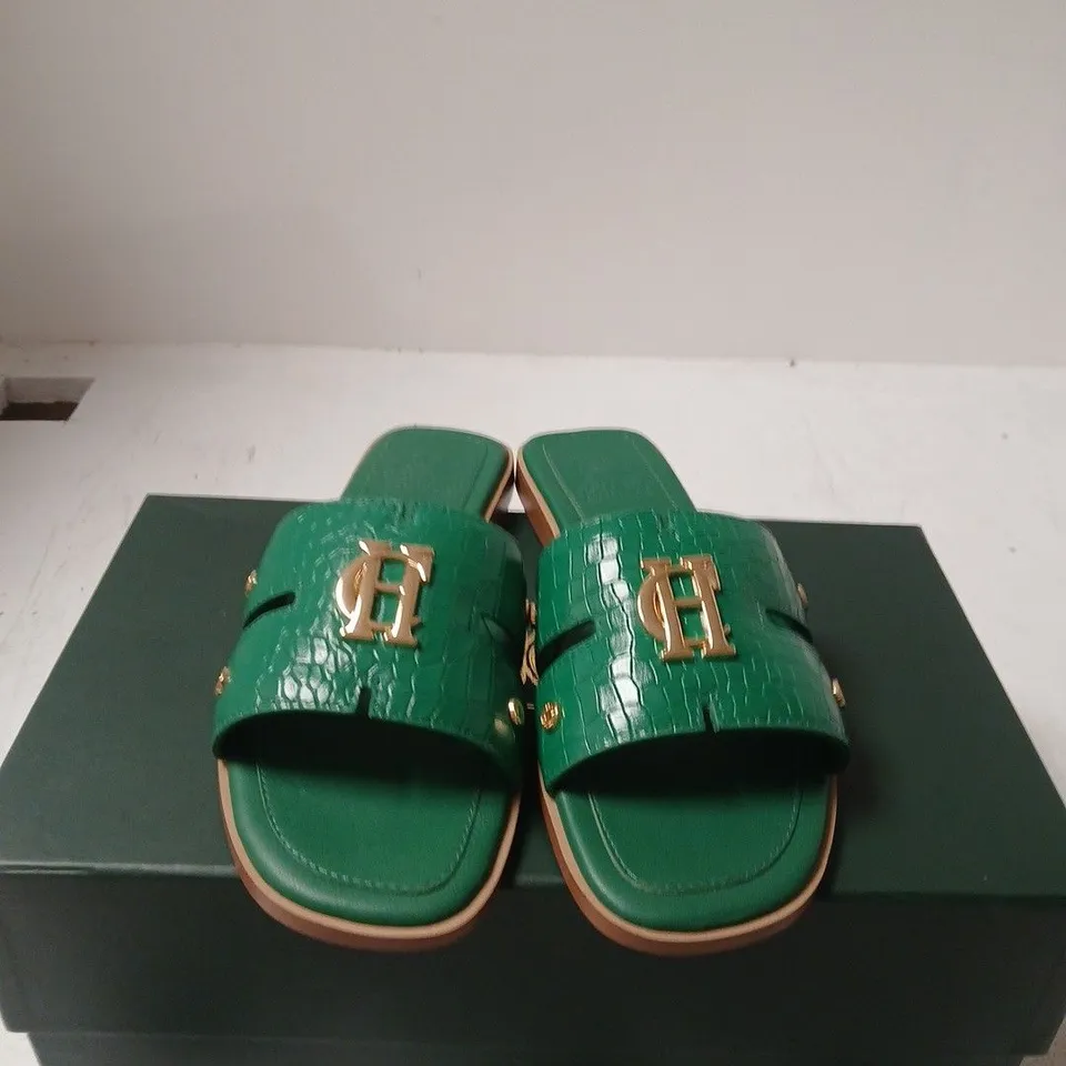 BOXED PAIR OF HOLLAND COOPER MONOGRAM SLIDES JADE CROC – UK 4 
