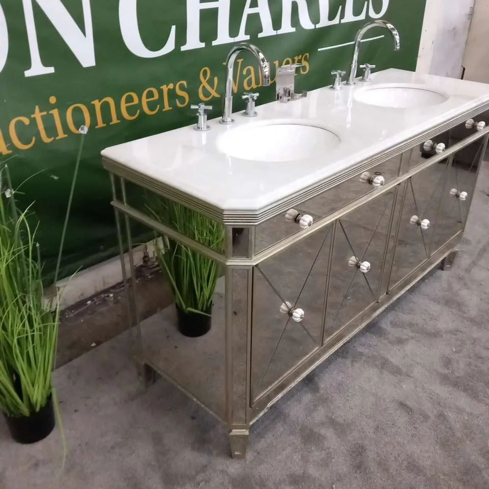 MIRRORED ANTIQUED RIBBED MARBLE TOPPED VANITY UNIT WITH TWO INBUILT BASINS