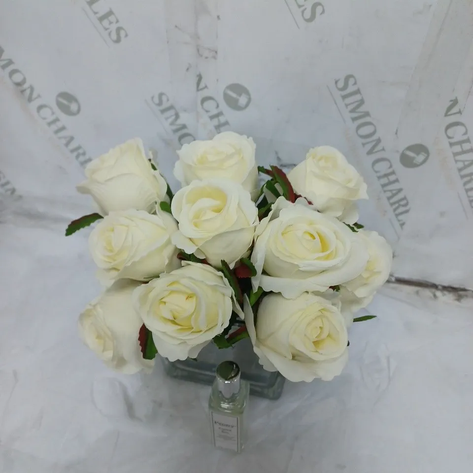 BOXED FAUX FLOWER ARRANGEMENT WITH VASE AND PEONY ENGLISH ROSE FLOWER AND ROOM SCENT