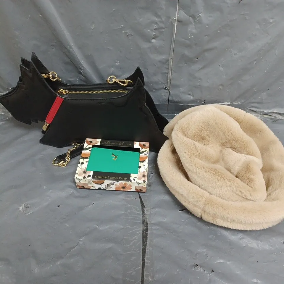 LARGE BOX OF APPROXIMATELY 10 ASSORTED ITEMS TO INCLUDE HATS, PURSES AND HANDBAGS