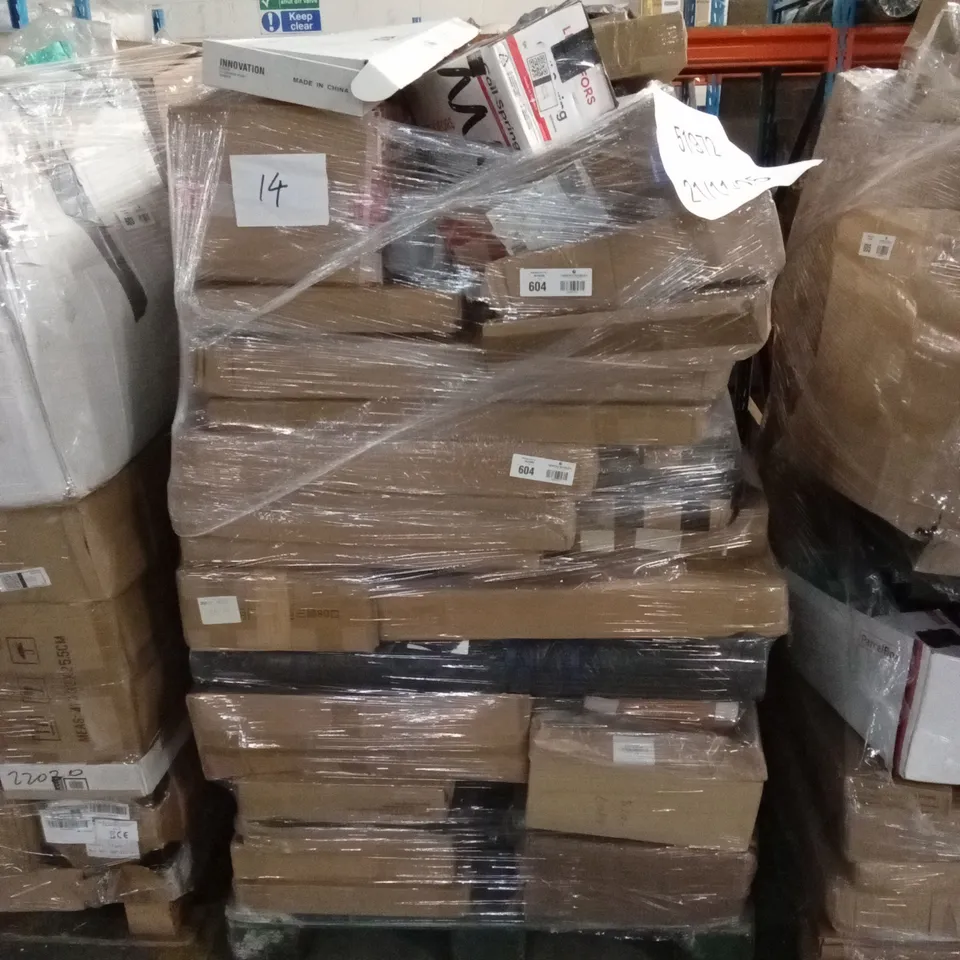PALLET OF ASSORTED HOUSEHOLD GOODS AND PRODUCTS TO INCLUDE; COIL SPRING, COMPUTER DESK, KITCHEN TAP ETC