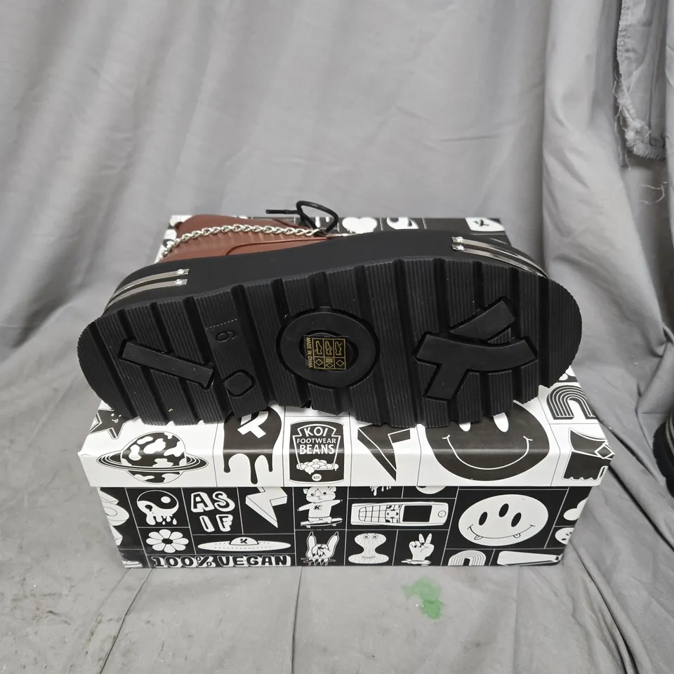 BOXED PAIR OF KOI THE SILENCE PLATFORM GRUNGE BOOTS IN BROWN - SIZE 6