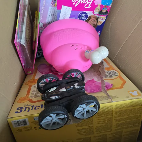 BOX OF APPROXIMATELY 8 ASSORTED TOYS INCLUDING POOPING PUPPIES , FLIP CAR AND BARBIE GLITTER PICTURE SET 